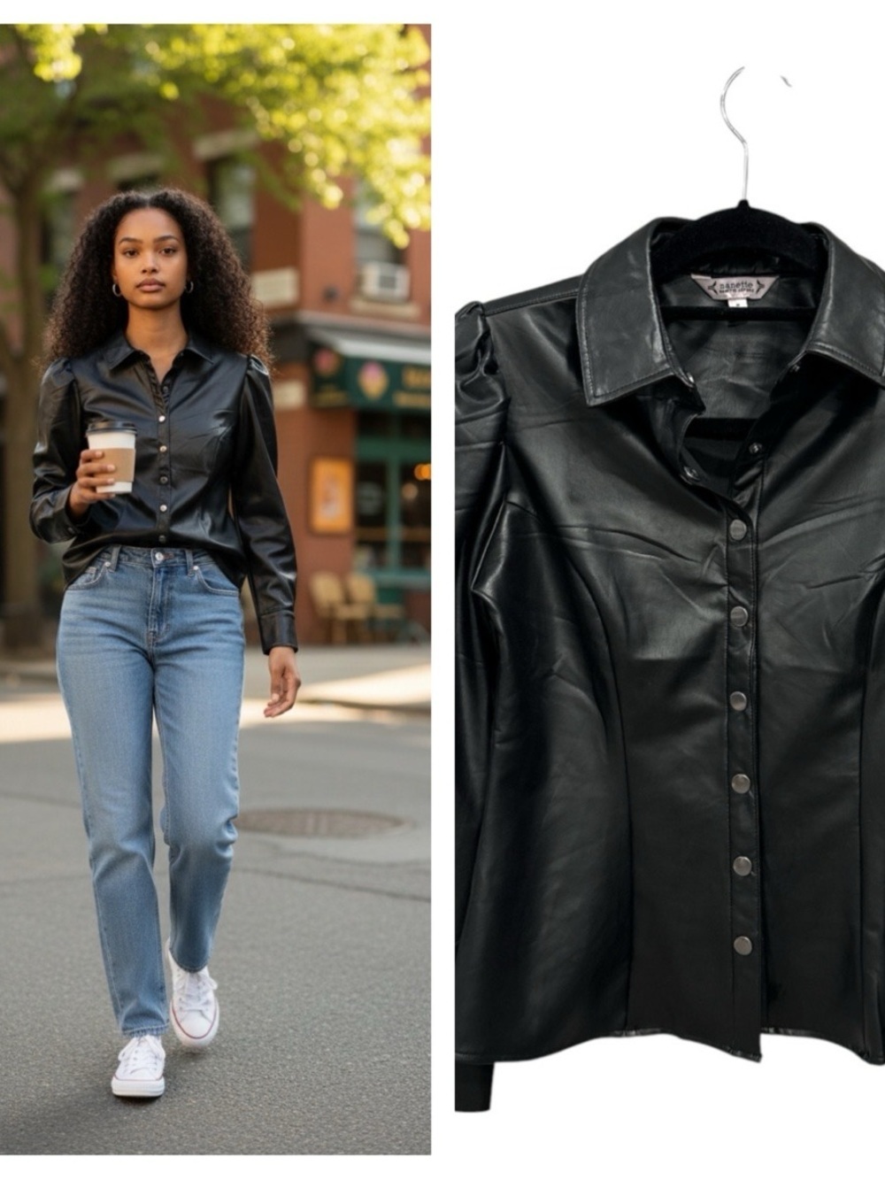 Nanette Lepore faux leather blouse Black  Button-Front Shirt Jacket - size S